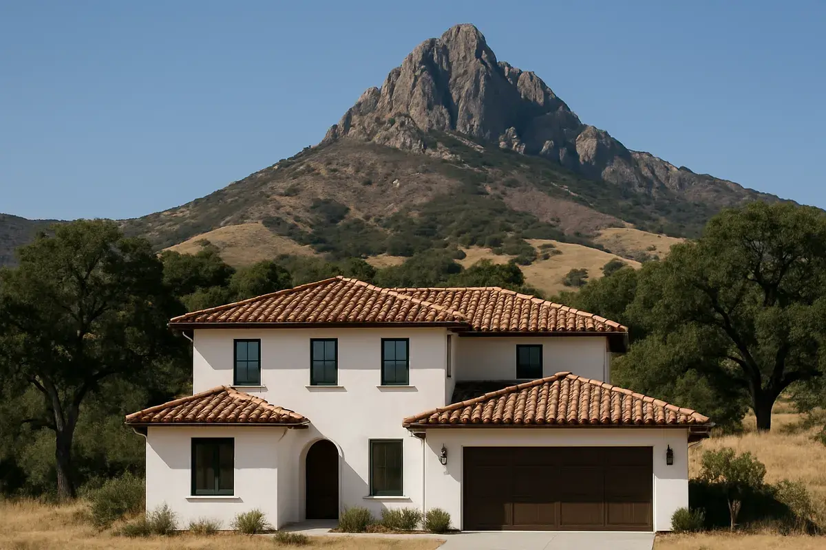 Spanish-style home with a terracotta tile roof below a rocky mountain peak in Agoura Hills