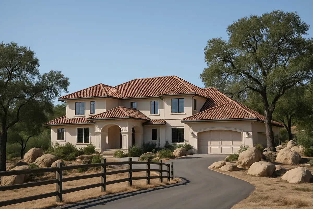 Custom hillside home with a clay tile roof among boulders and oak trees in Bell Canyon