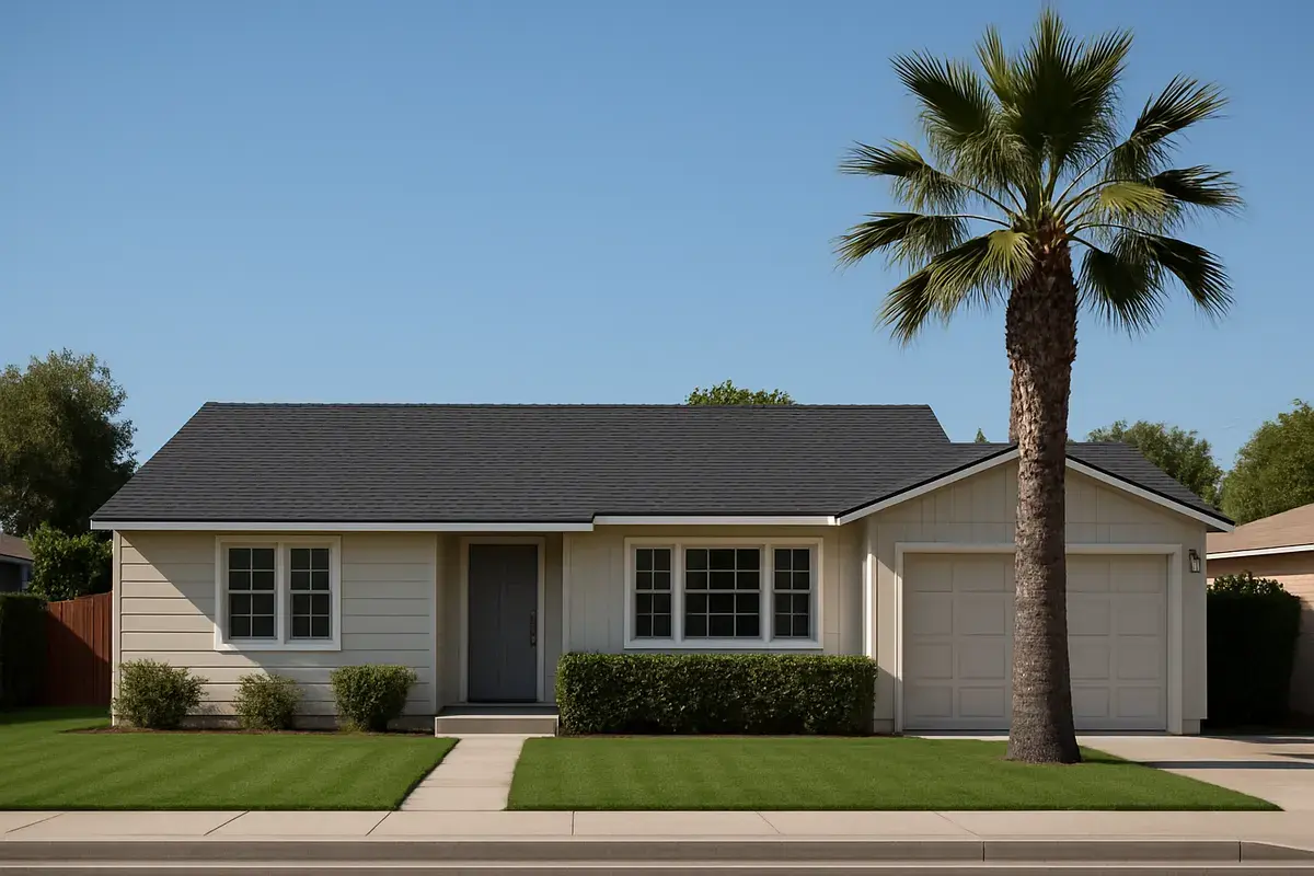 1950s single-story ranch house with a new charcoal shingle roof and a palm tree in Canoga Park