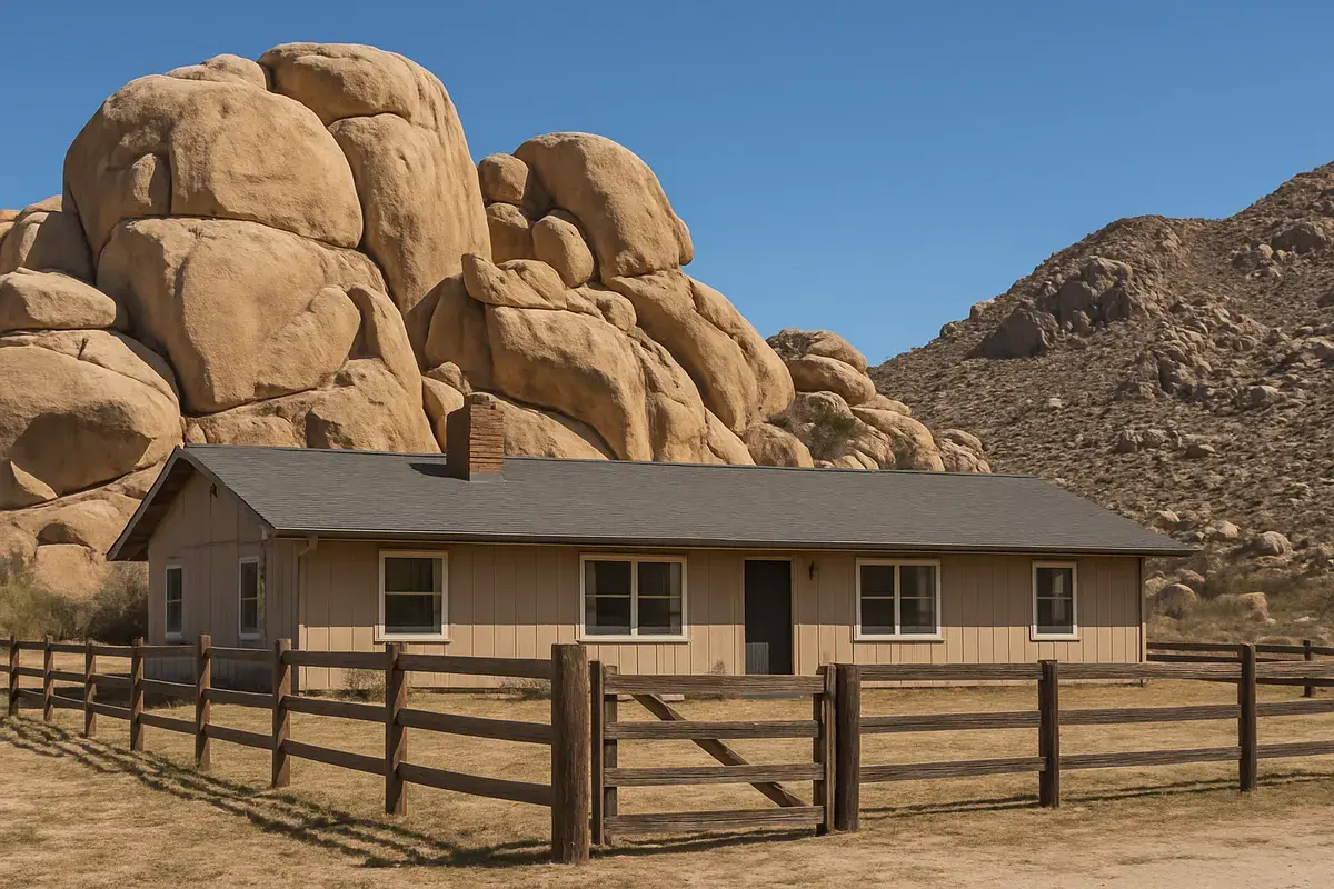 Ranch-style home with a shingle roof beside large sandstone boulders and a horse corral in Chatsworth