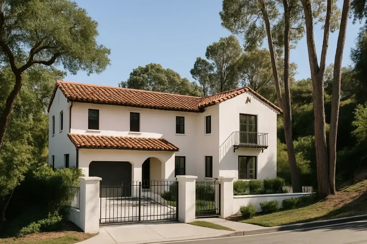 Spanish Colonial Revival home with a red clay barrel tile roof and gated driveway in Encino
