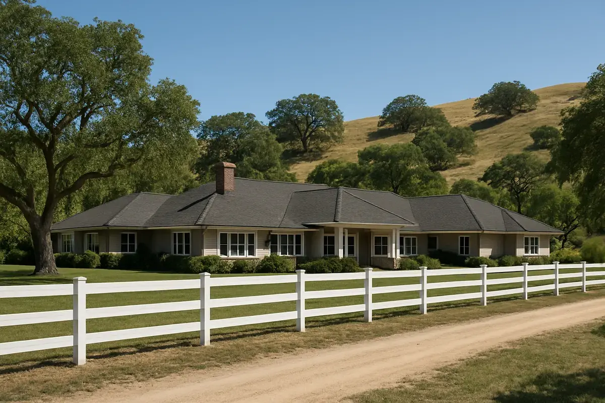 Single-story ranch estate with a gray shingle roof behind a white rail fence and riding trail in Hidden Hills