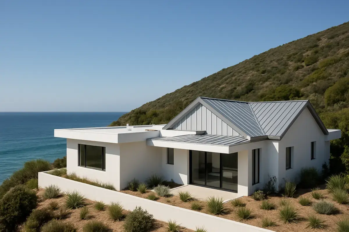Modern coastal home with white flat and metal roof sections on a bluff above the Pacific in Malibu