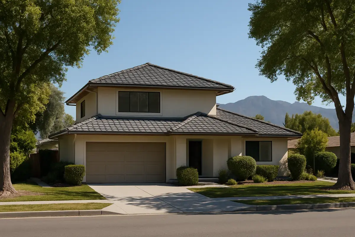 Two-story 1970s home with a new concrete tile roof on a wide street in Northridge
