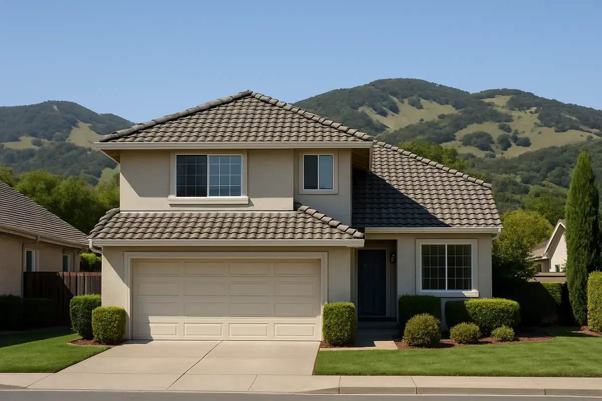 Two-story home with a gray concrete tile roof and green hills behind in Oak Park