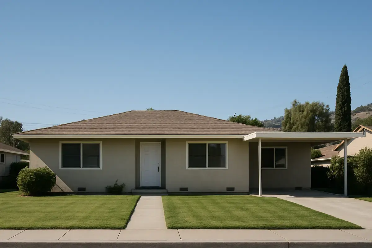 1950s single-story home with a low-pitch shingle roof and flat patio cover in Reseda