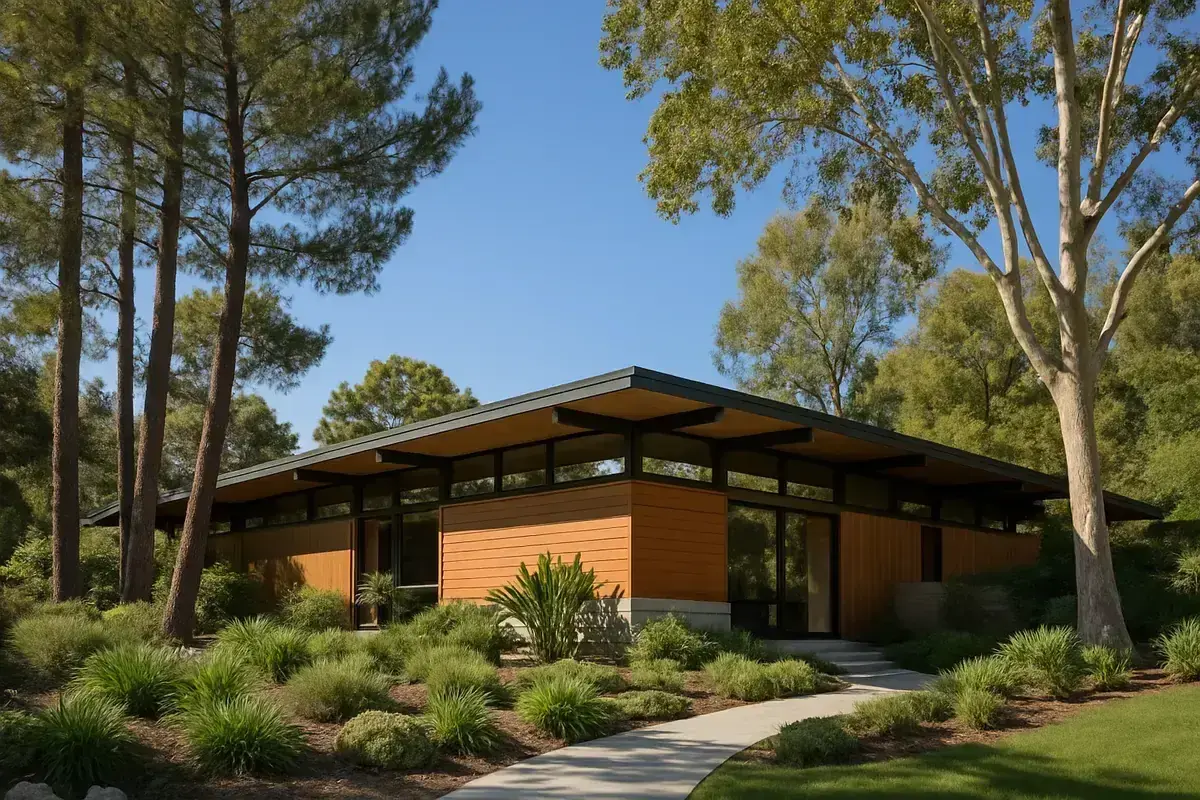 Mid-century modern hillside home with a low-slope roof among mature trees in Tarzana