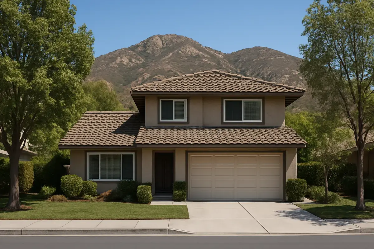 Two-story 1970s home with a brown concrete tile roof at the foot of rocky hills in West Hills