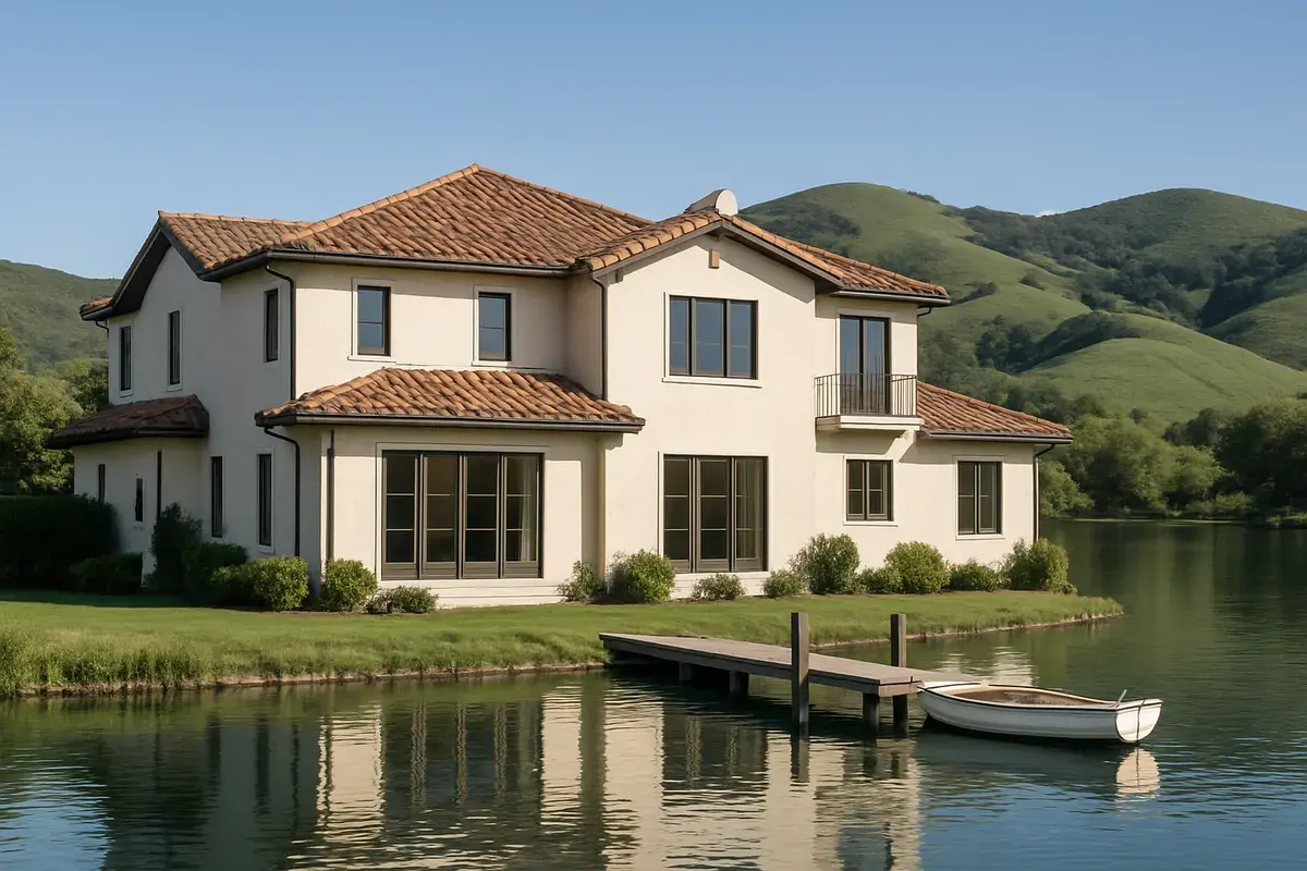 Two-story Mediterranean home with a clay tile roof on a lake with a boat dock in Westlake Village