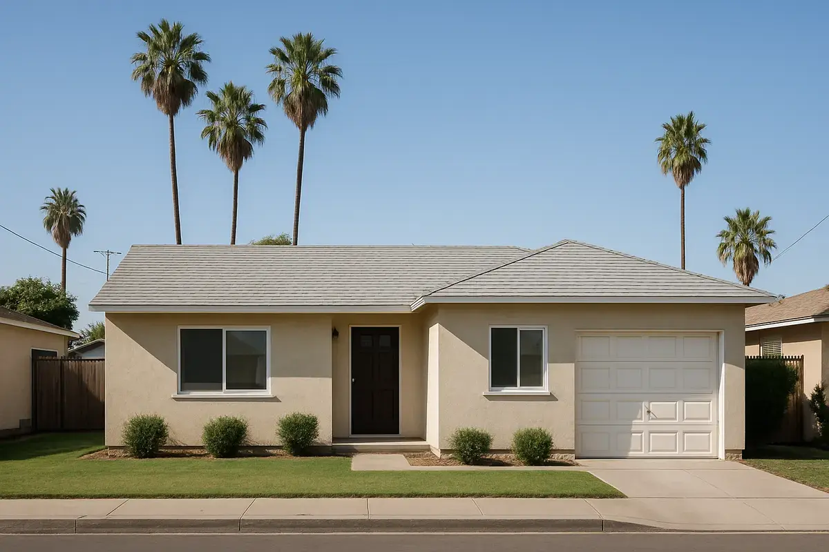 Single-story 1950s stucco home with a new light gray shingle roof and palm trees in Winnetka