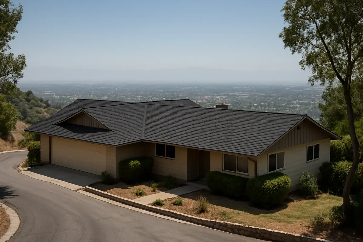 Hillside ranch home with a new charcoal shingle roof above the San Fernando Valley in Woodland Hills