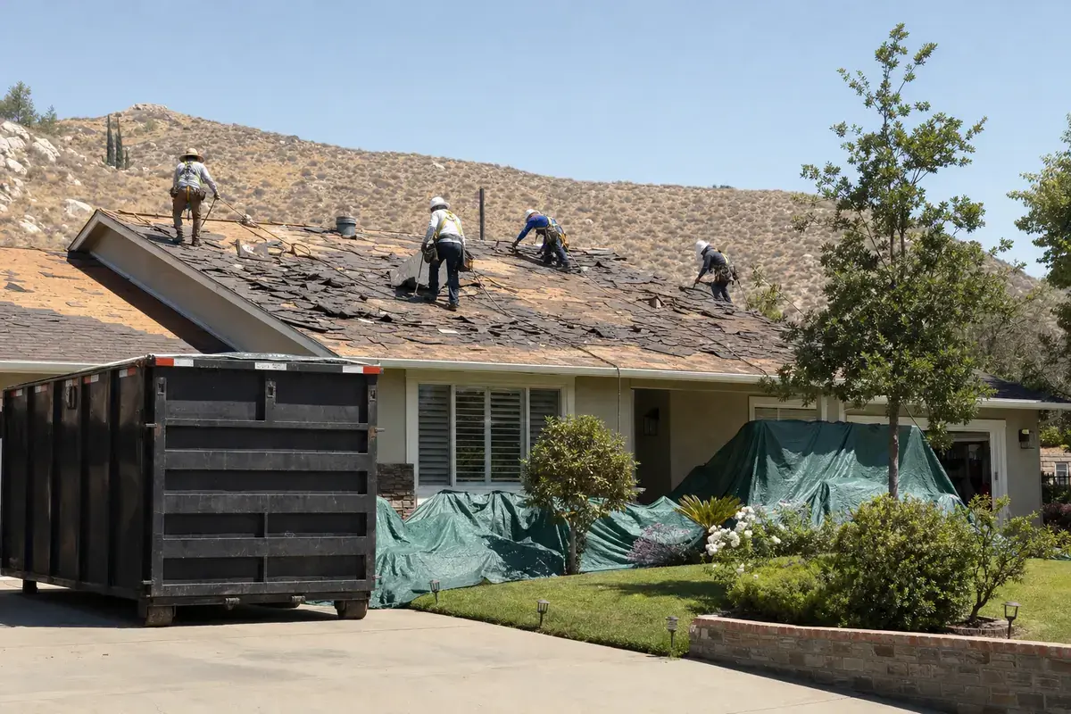 Roofing crew in harnesses tearing off old shingles on a ranch home, with a dumpster in the driveway and tarps protecting the shrubs