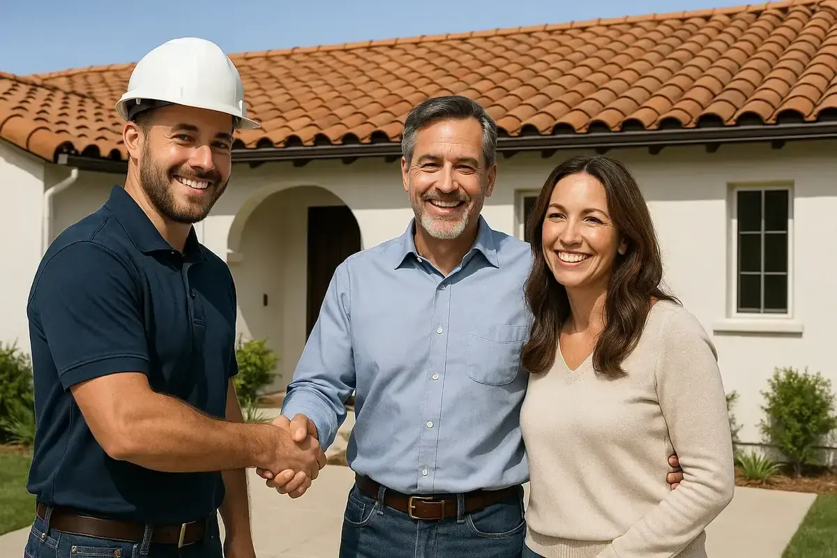 Integrity Roofing roofer shaking hands with a smiling homeowner couple in front of their home’s new clay tile roof