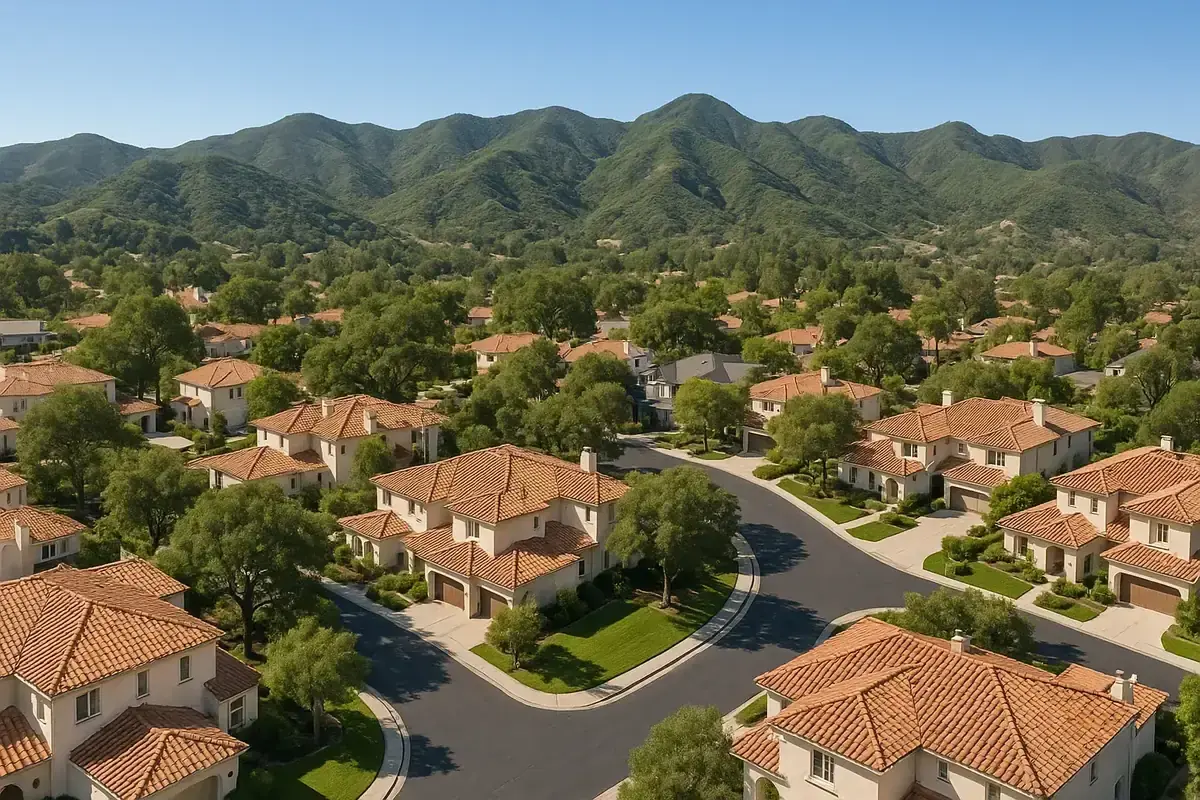 Aerial view of Calabasas homes with clay tile roofs on curving streets below the Santa Monica Mountains