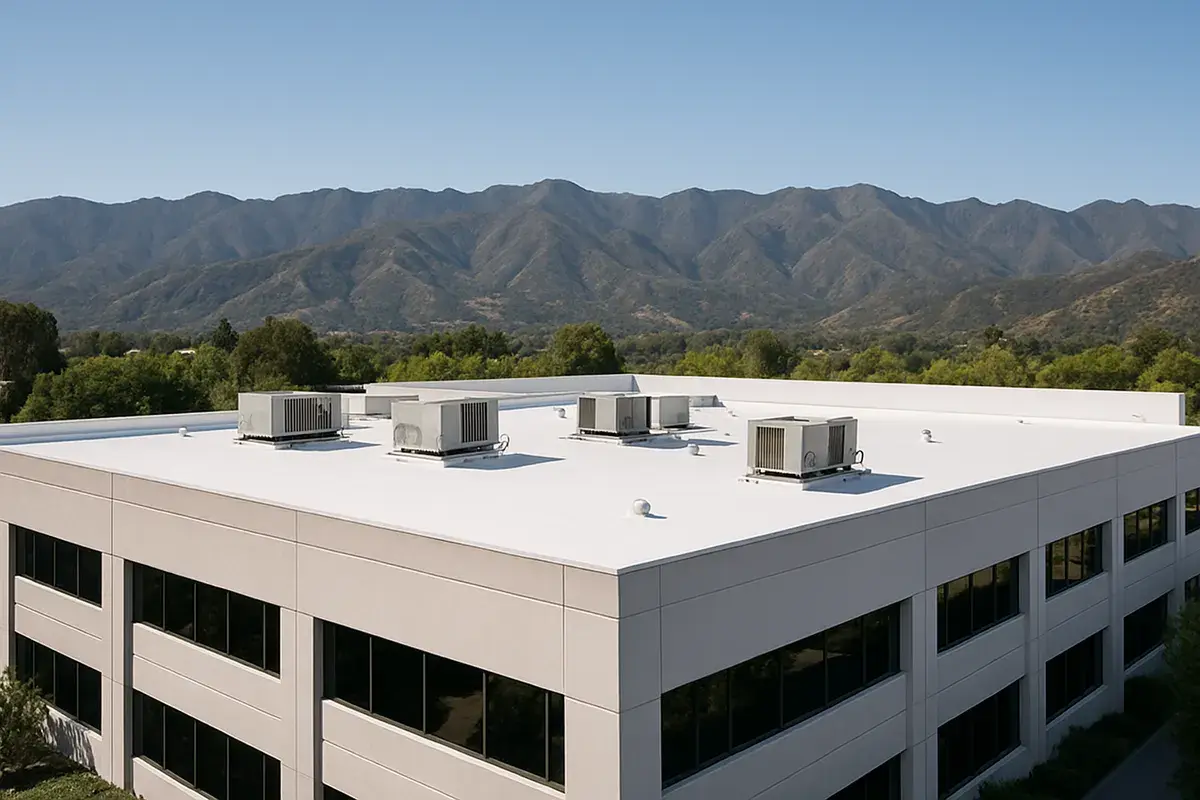 Low-rise commercial building with a white TPO flat roof and rooftop HVAC units