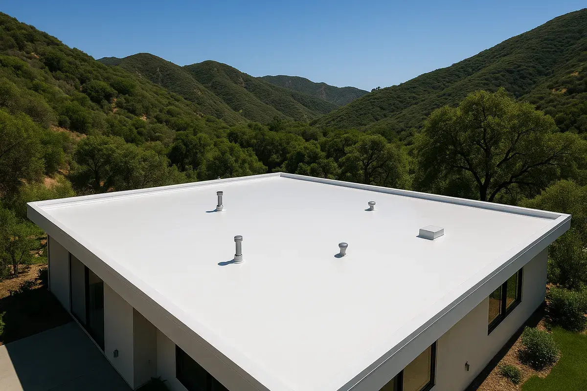 Bright white reflective cool roof on a modern hillside home