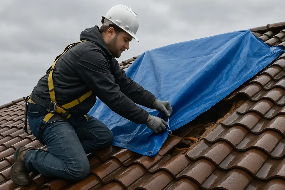 Roofer in a harness securing a blue emergency tarp over a damaged clay tile roof after a storm