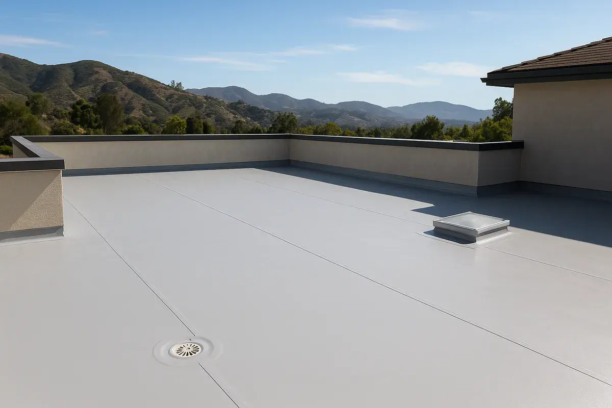 New light gray TPO flat roof with parapet walls and a roof drain