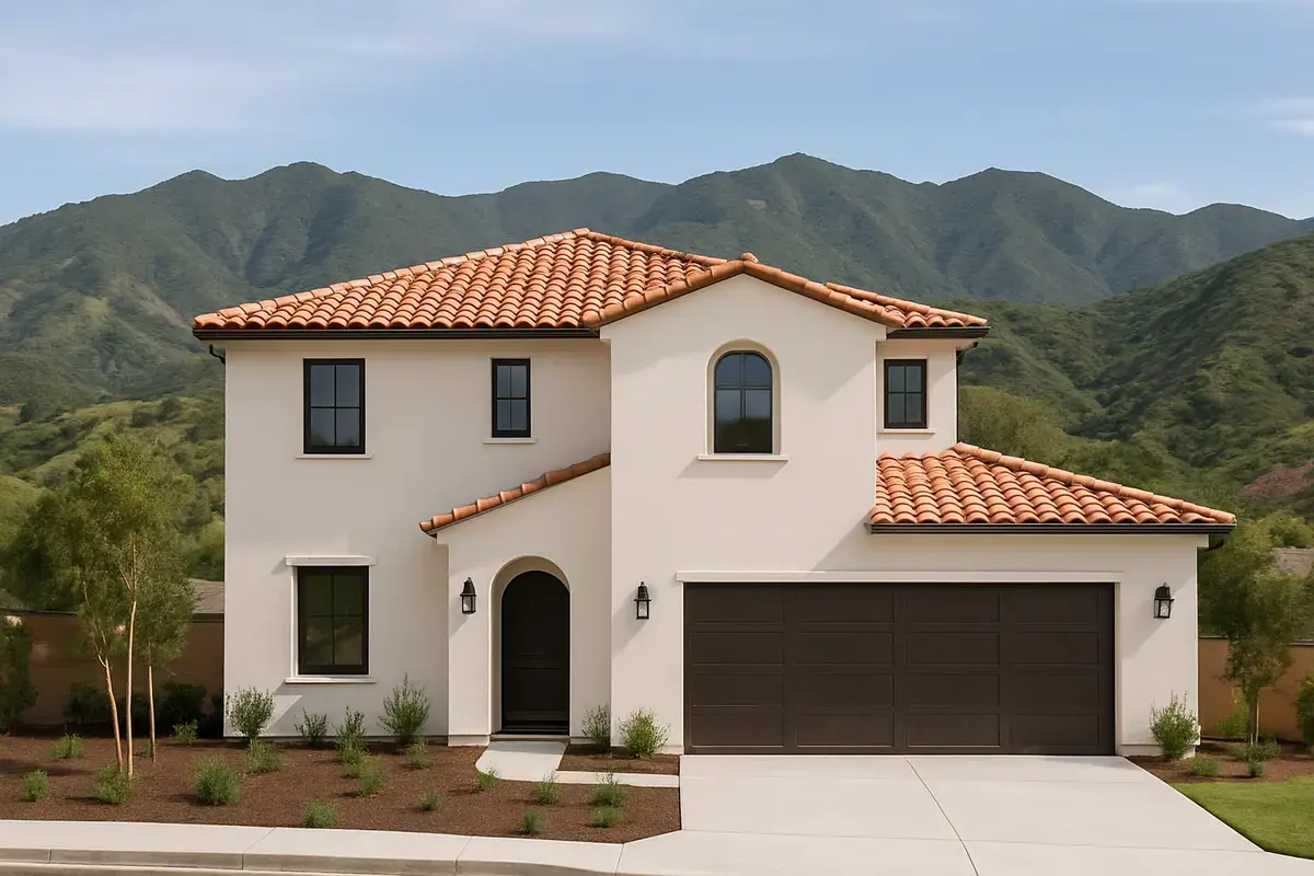 Newly built two-story Mediterranean home with a new terracotta clay tile roof in the Calabasas hills