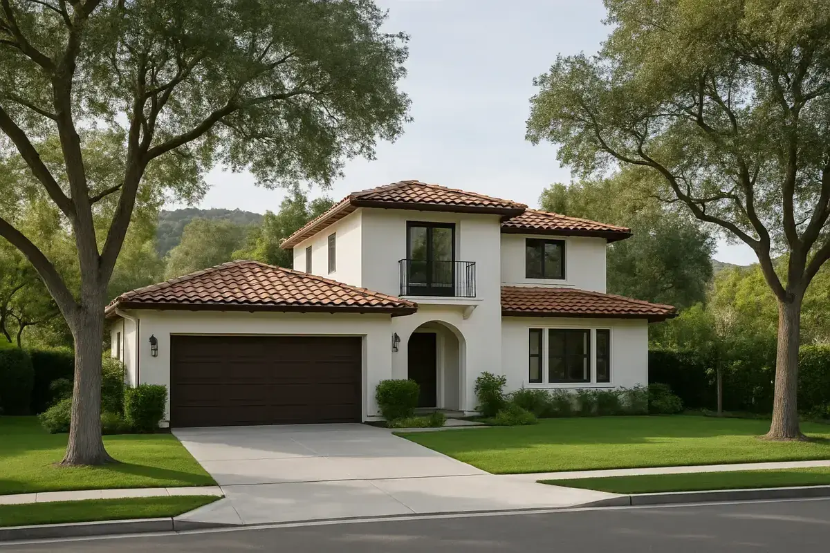 Two-story Spanish-style home with a clay barrel tile roof on a tree-lined Calabasas street