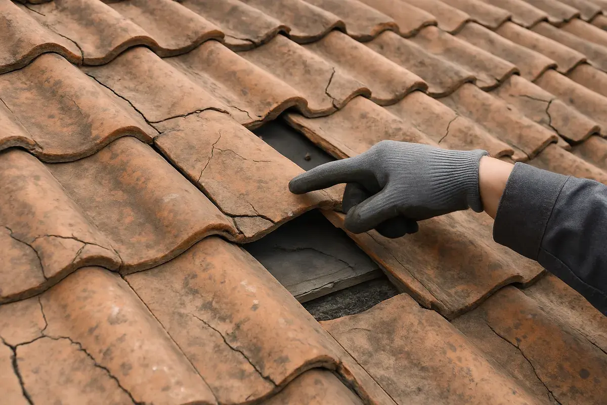 Cracked and slipped clay roof tiles exposing worn underlayment, found during a roof inspection