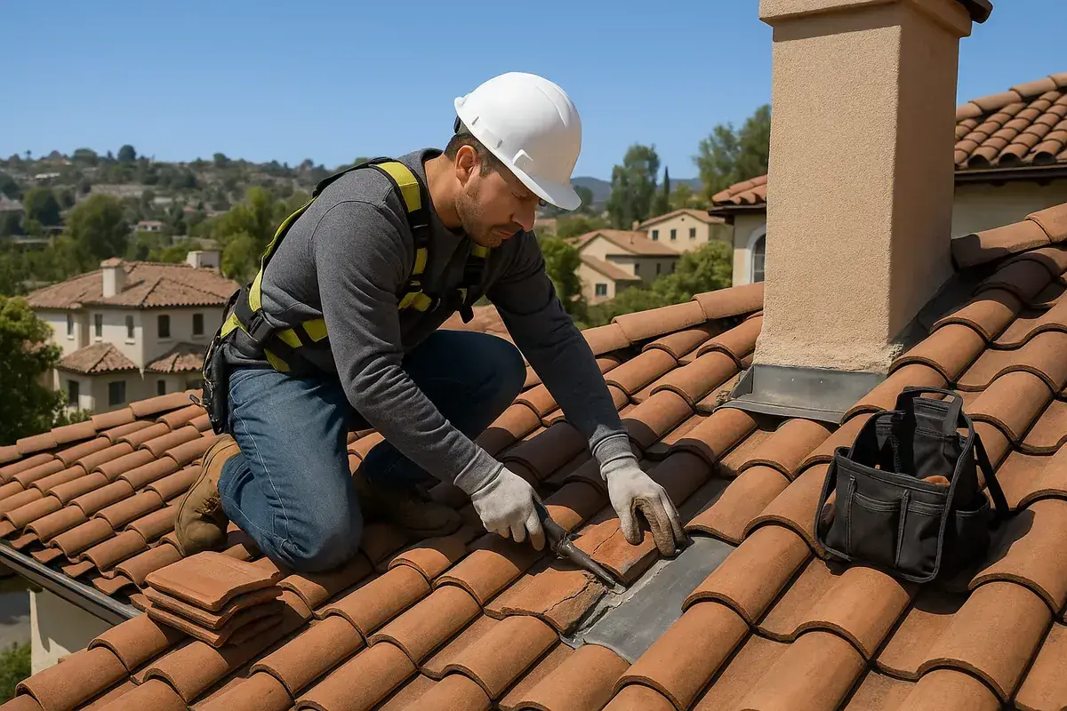 Roofer in a hard hat and harness replacing cracked clay tiles and resealing chimney flashing on a Spanish-style home