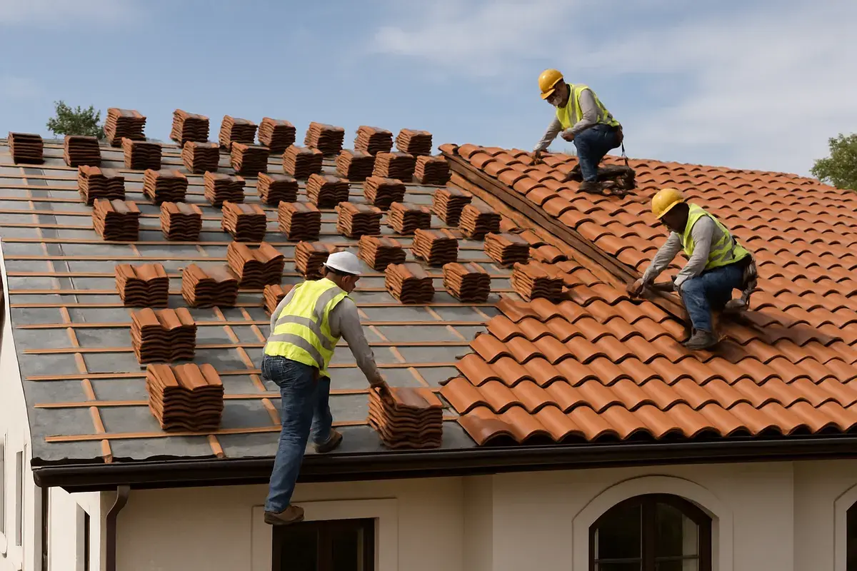 Roof replacement in progress with new underlayment, battens, and terracotta clay tile being installed