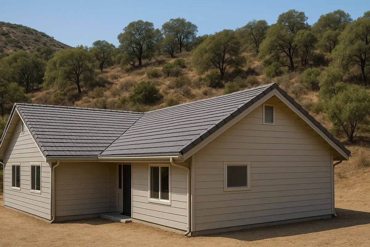 Hillside home with a gray concrete tile roof and metal gutter guards beside chaparral and oak trees