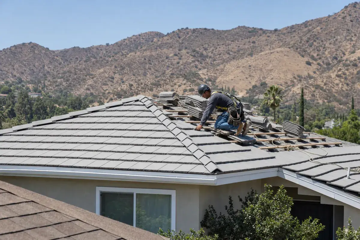 Roofer in a safety harness installing light gray concrete roof tiles on a ranch home, with dry Santa Monica Mountains hillsides behind