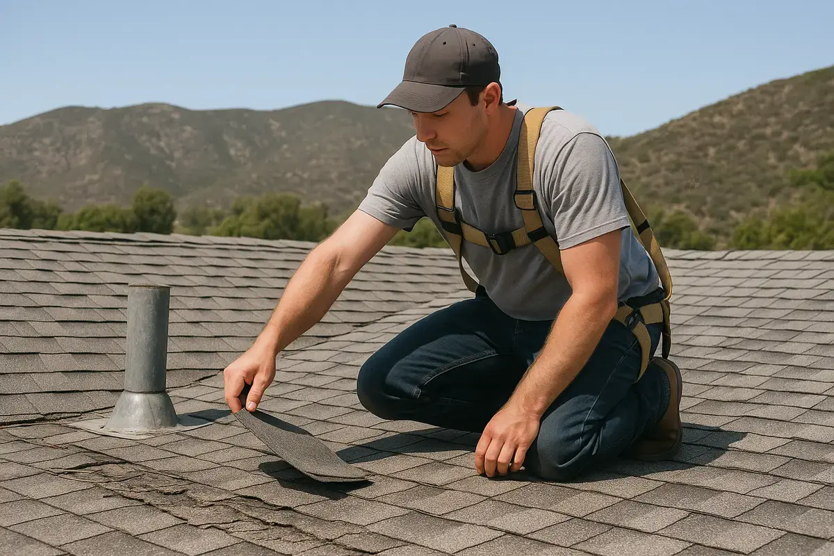 Roofer in a safety harness inspecting a lifted asphalt shingle beside a vent pipe on a ranch house roof, with hills in the background