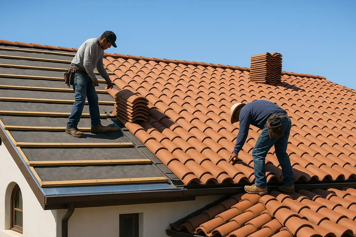 Roofers relaying clay barrel tile over new synthetic underlayment and battens on a Spanish-style home
