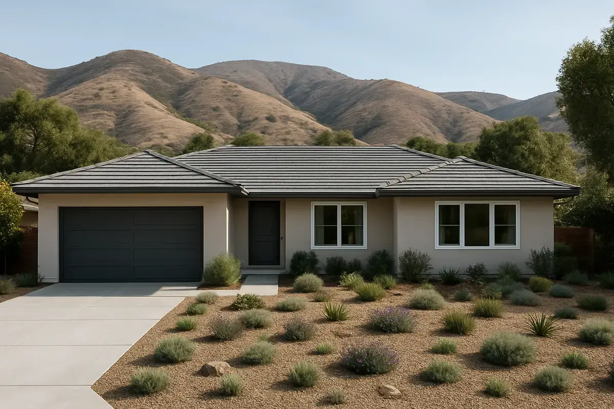 Single-story ranch home with a new gray concrete tile roof and drought-tolerant landscaping