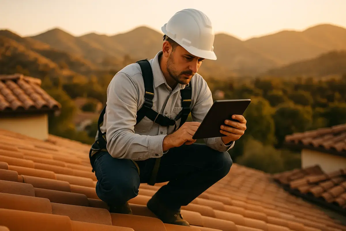 Roofer in a hard hat inspecting a clay tile roof with a tablet, Santa Monica Mountains behind